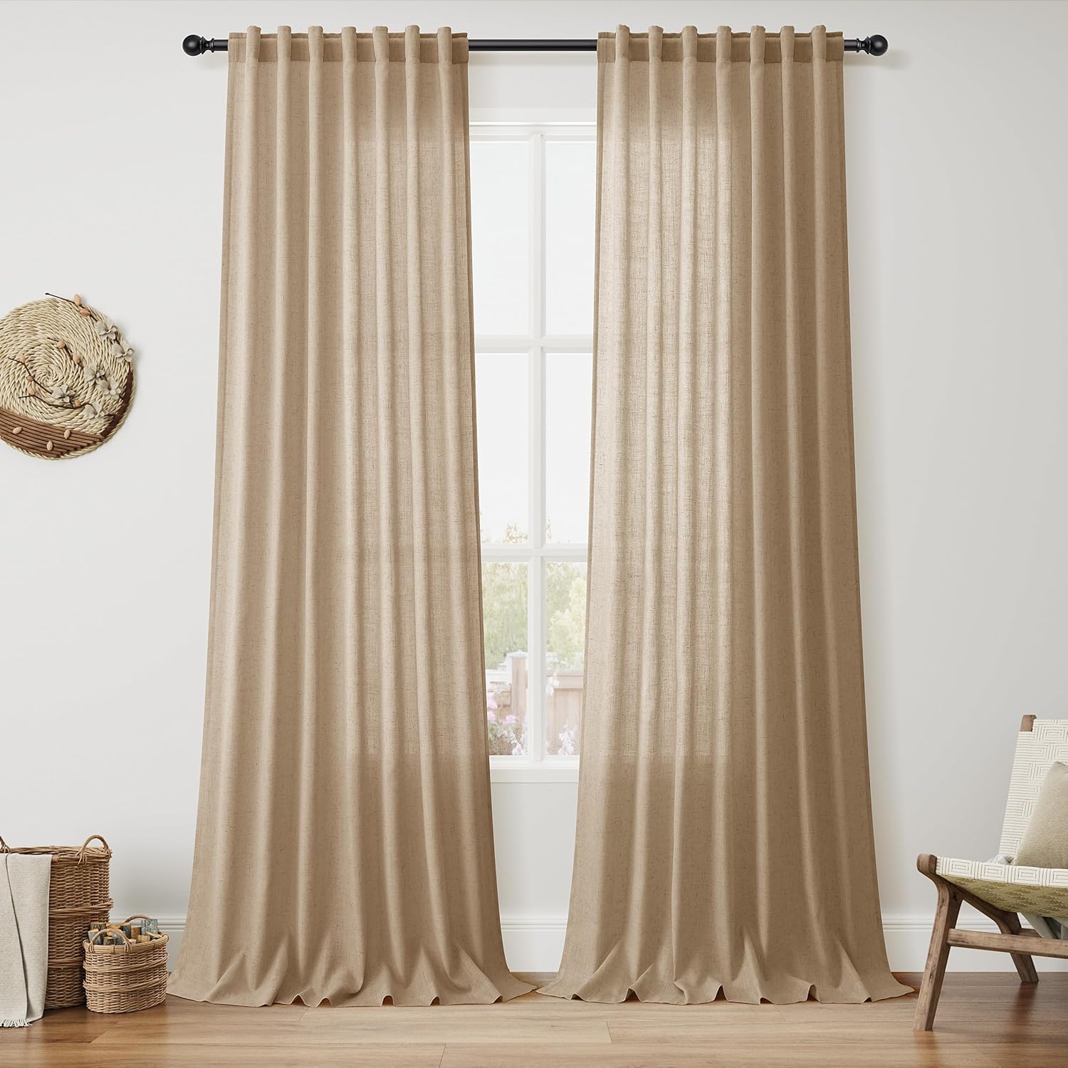 Nanspring Burgundy Linen Curtains 84 Inch Length 2 Panels Set for Living Room Rod Pocket Back Tab Light Filtering Window Drapes for Bedroom Dining Room Protect Privacy Modern Farmhouse Decor 52x84