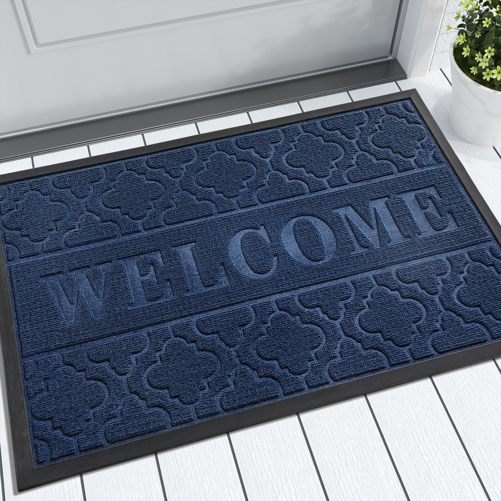 Yimobra Welcome Mat Outdoor Indoor, All-Weather Waterproof Front Door Mat Outside Entrance, Non-Slip Low Profile Porch Patio Doormat, 29.5x17, Black