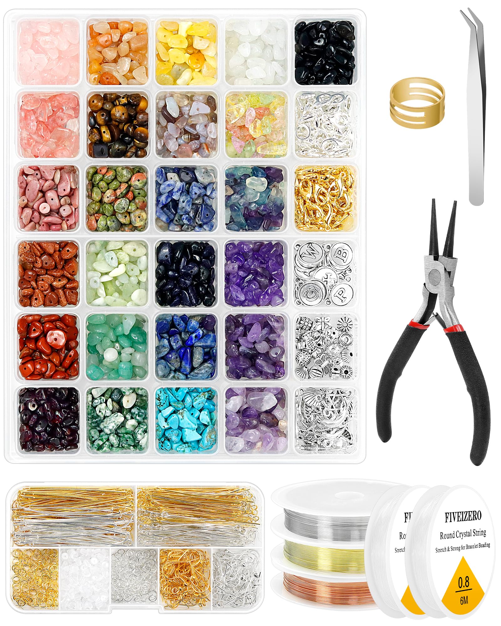 FIVEIZERO 600pcs Natural Chip Stone Beads 5-8mm - 15 Color Crystal Chip Beads for Jewelry Making, Valentine's Day Bracelet,DIY Irregular Gemstone Beads with Drilled Holes