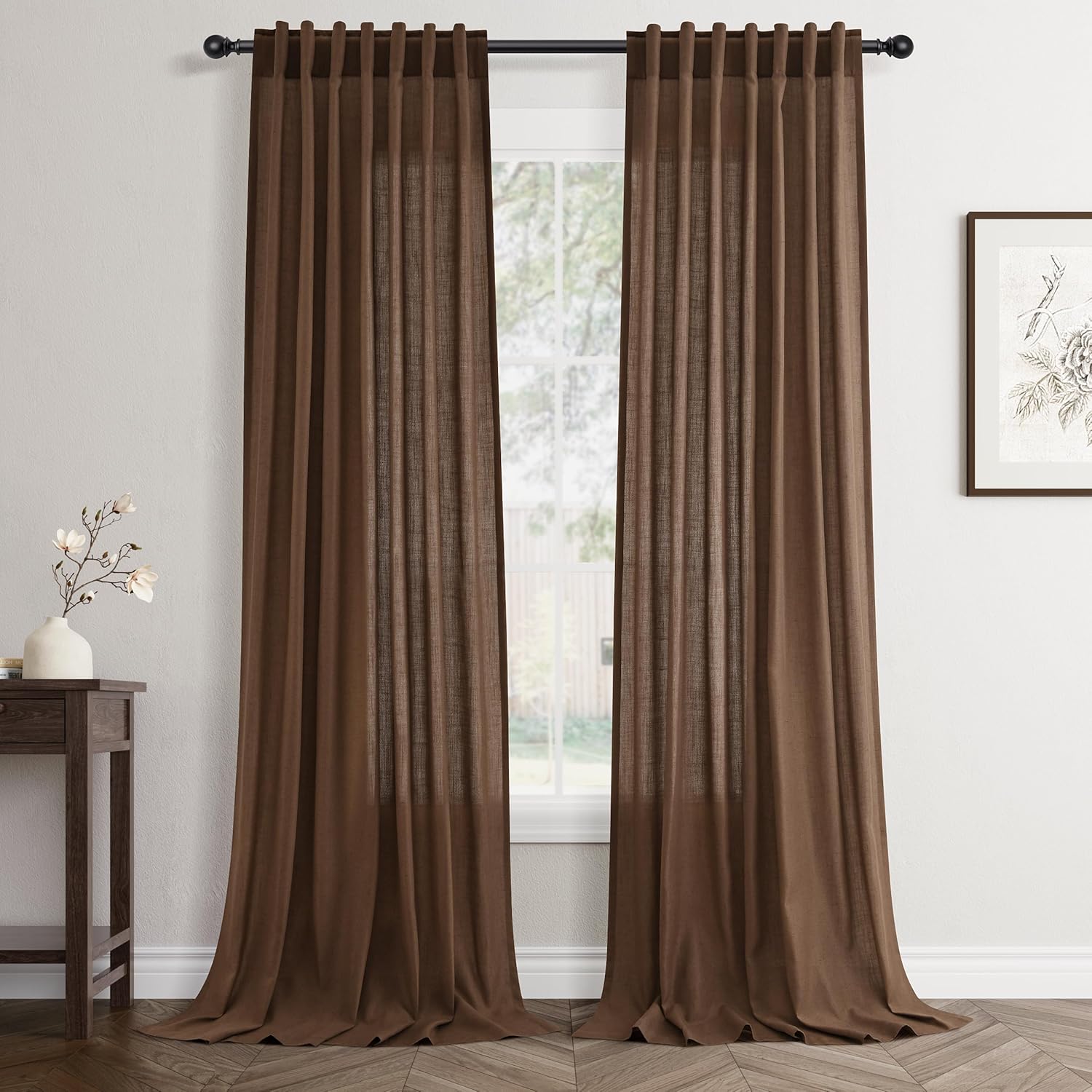 Rustic Brown Linen Back Tab Curtains 84 Inch Length for Living Room 2 Panel Pocket Drape Light Filtering Semi Sheer Cream Country Rustic Farmhouse Boho Curtain Bedroom Pinch Pleated Look