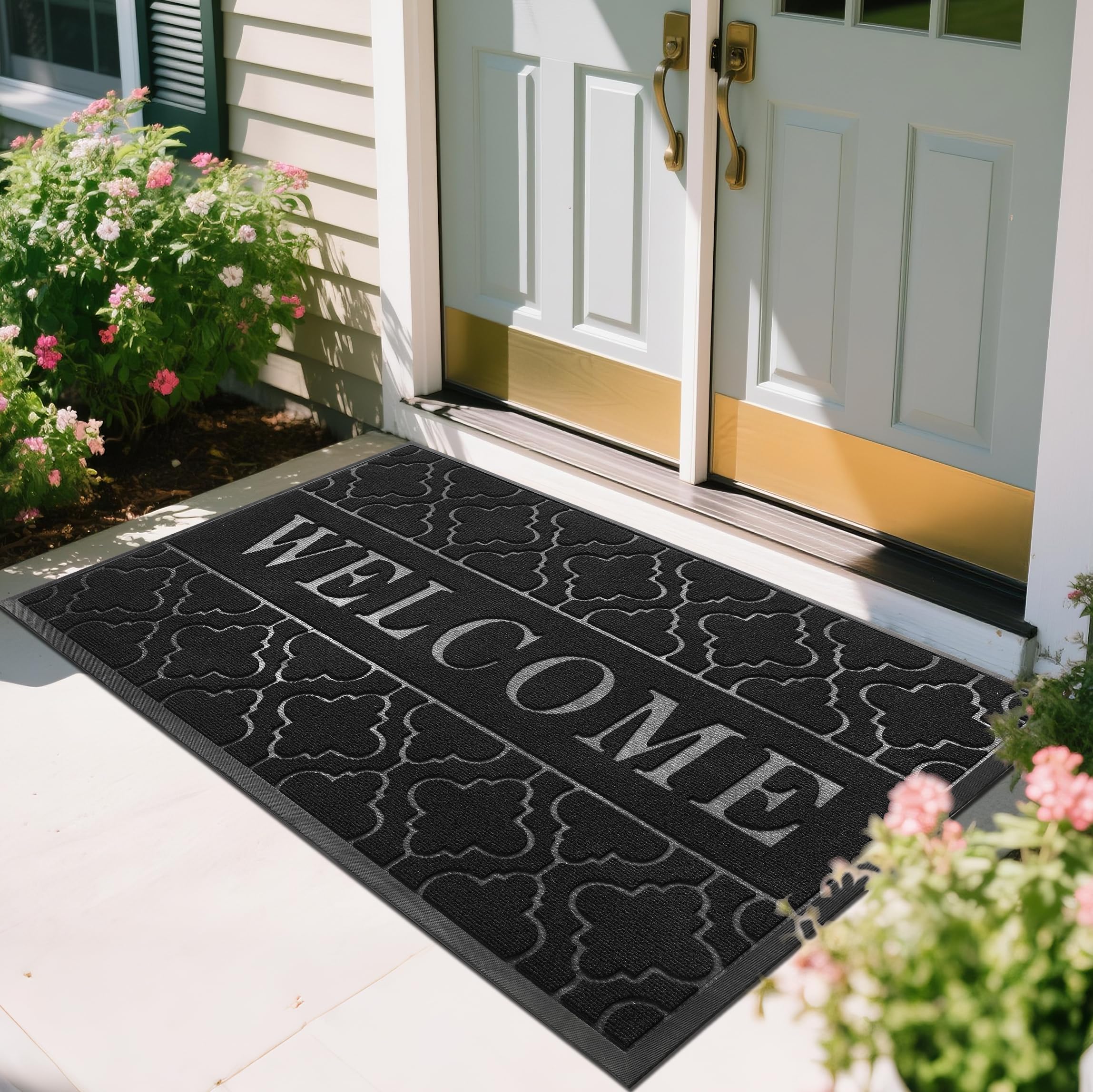 Yimobra Welcome Mat Outdoor Indoor, All-Weather Waterproof Front Door Mat Outside Entrance, Non-Slip Low Profile Porch Patio Doormat, 29.5x17, Black