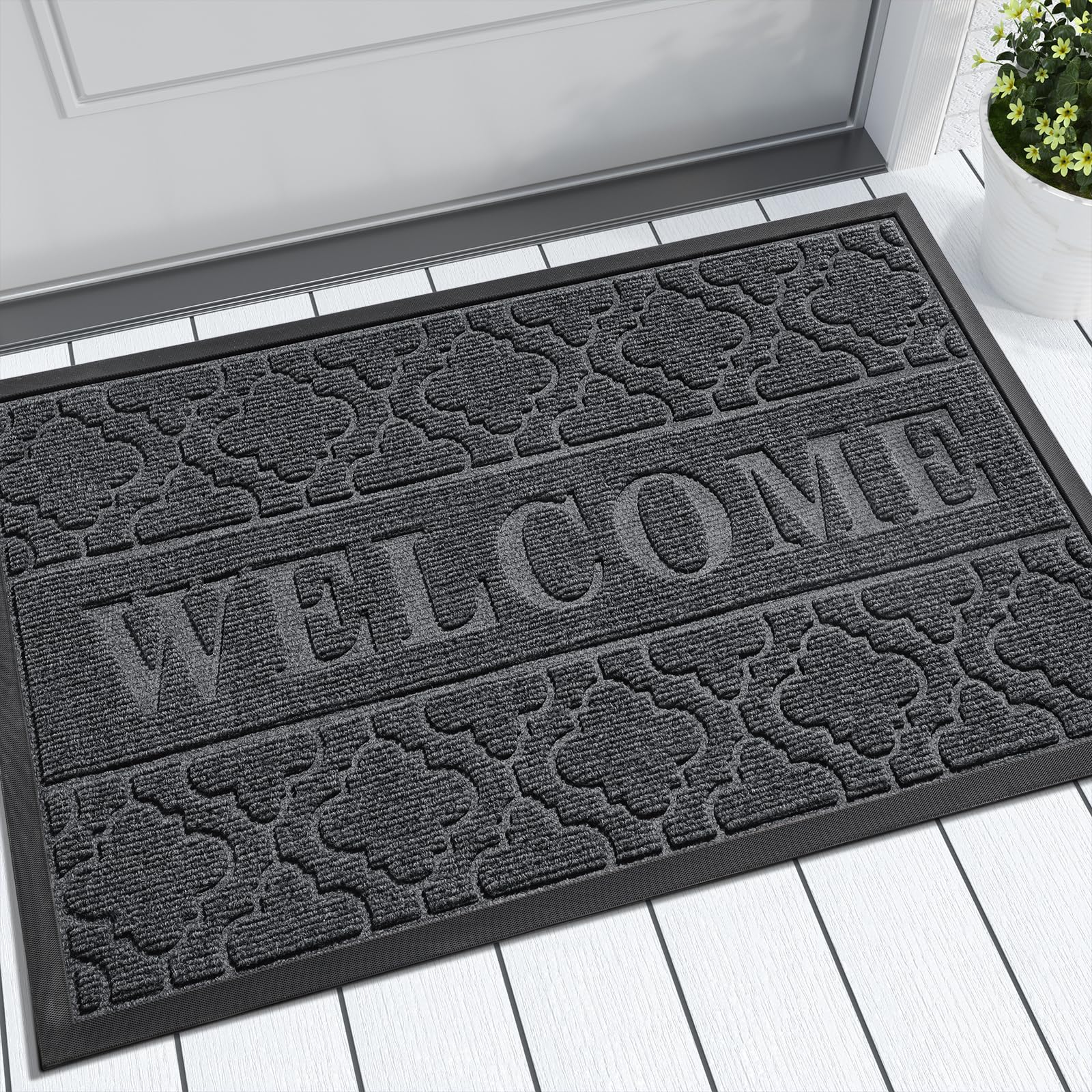 Yimobra Welcome Mat Outdoor Indoor, All-Weather Waterproof Front Door Mat Outside Entrance, Non-Slip Low Profile Porch Patio Doormat, 29.5x17, Black