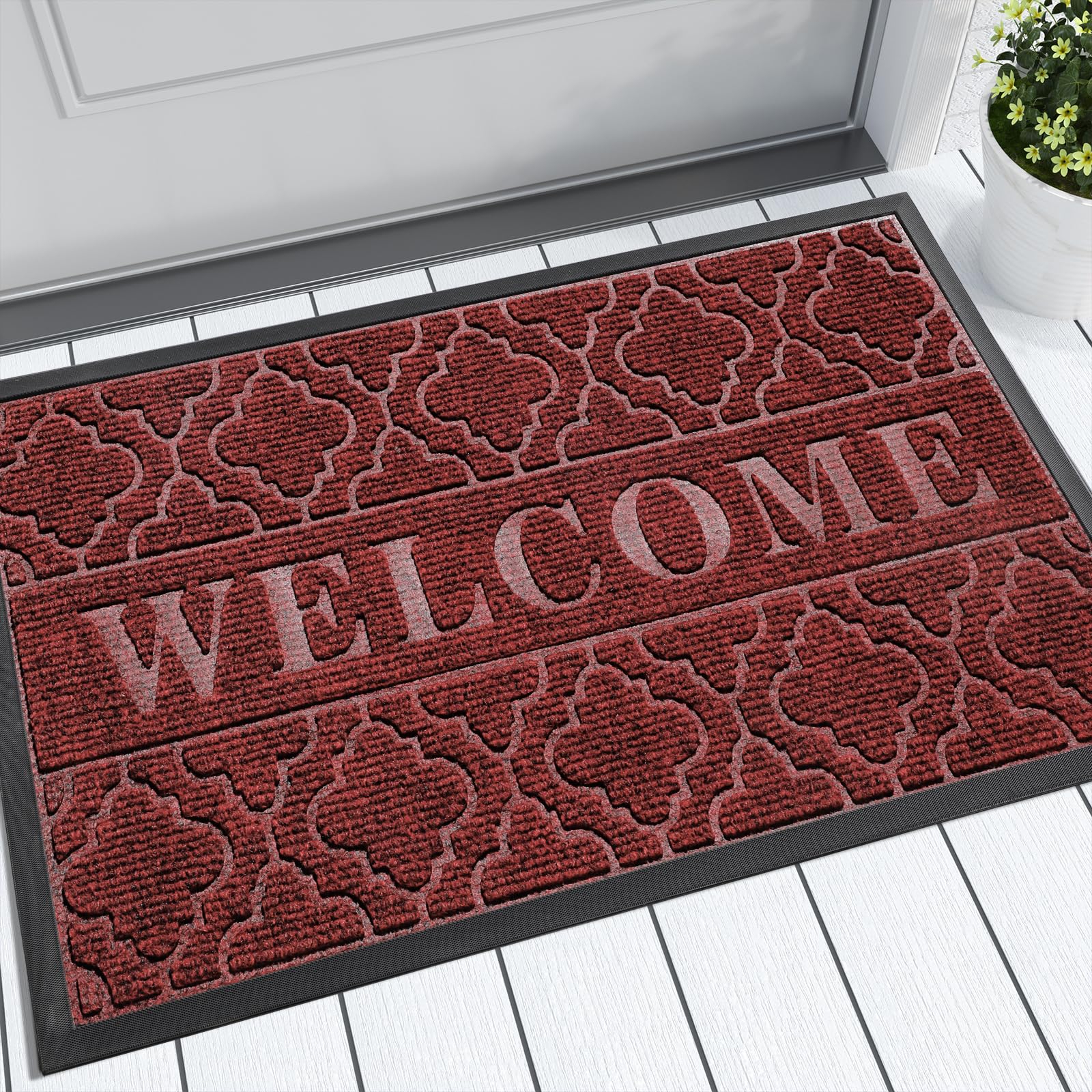 Yimobra Welcome Mat Outdoor Indoor, All-Weather Waterproof Front Door Mat Outside Entrance, Non-Slip Low Profile Porch Patio Doormat, 29.5x17, Black