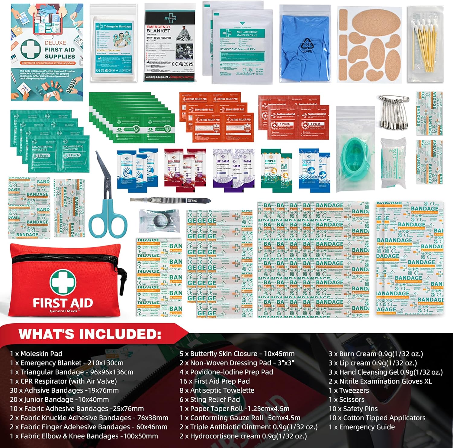 General Medi Mini First Aid Kit, 110 Piece Small First Aid Kit - Includes Emergency Foil Blanket, Scissors for Travel, Home, Office, Vehicle, Camping, Workplace & Outdoor (Red)