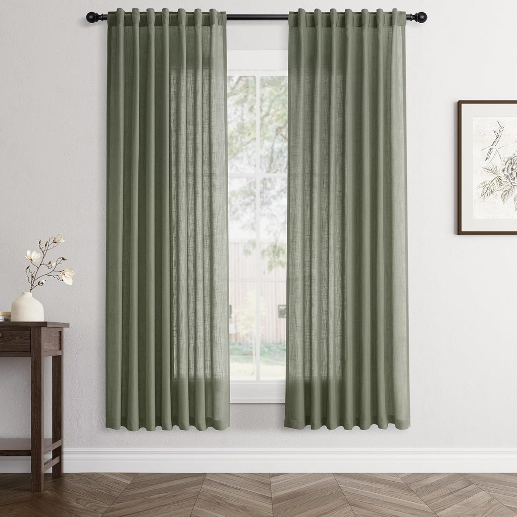 Rustic Brown Linen Back Tab Curtains 84 Inch Length for Living Room 2 Panel Pocket Drape Light Filtering Semi Sheer Cream Country Rustic Farmhouse Boho Curtain Bedroom Pinch Pleated Look